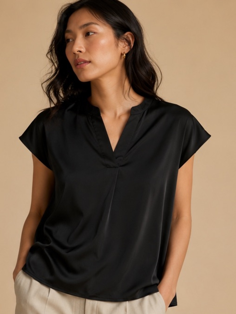 JODIFL Black Cap Sleeve Blouse Minimalist Office Chic Top Large